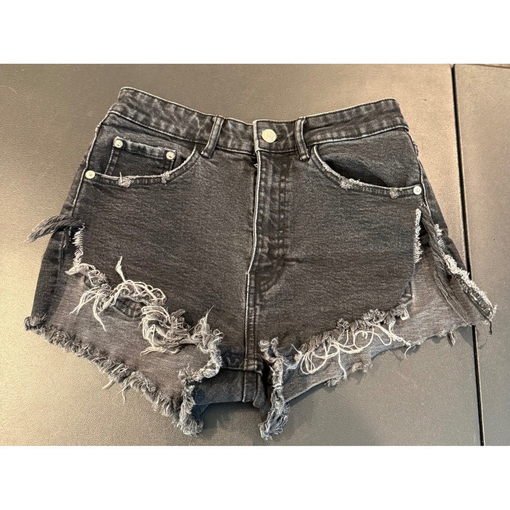 Zara Womens 4 Denim Shorts Black Distressed Side Slit Frayed Raw Hem Cut Off